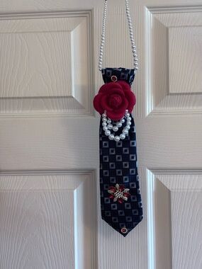 Navy Blue Patterned Tie Necklace with Red Flower and Pearl Accents